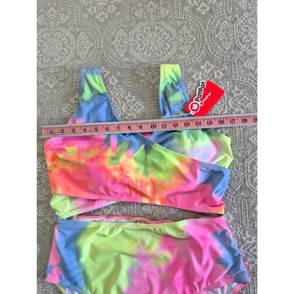PatPat Womens Tie Dye High Waisted Two Piece Swimsuit Neon Pink Blue XL NWT - Picture 3 of 5